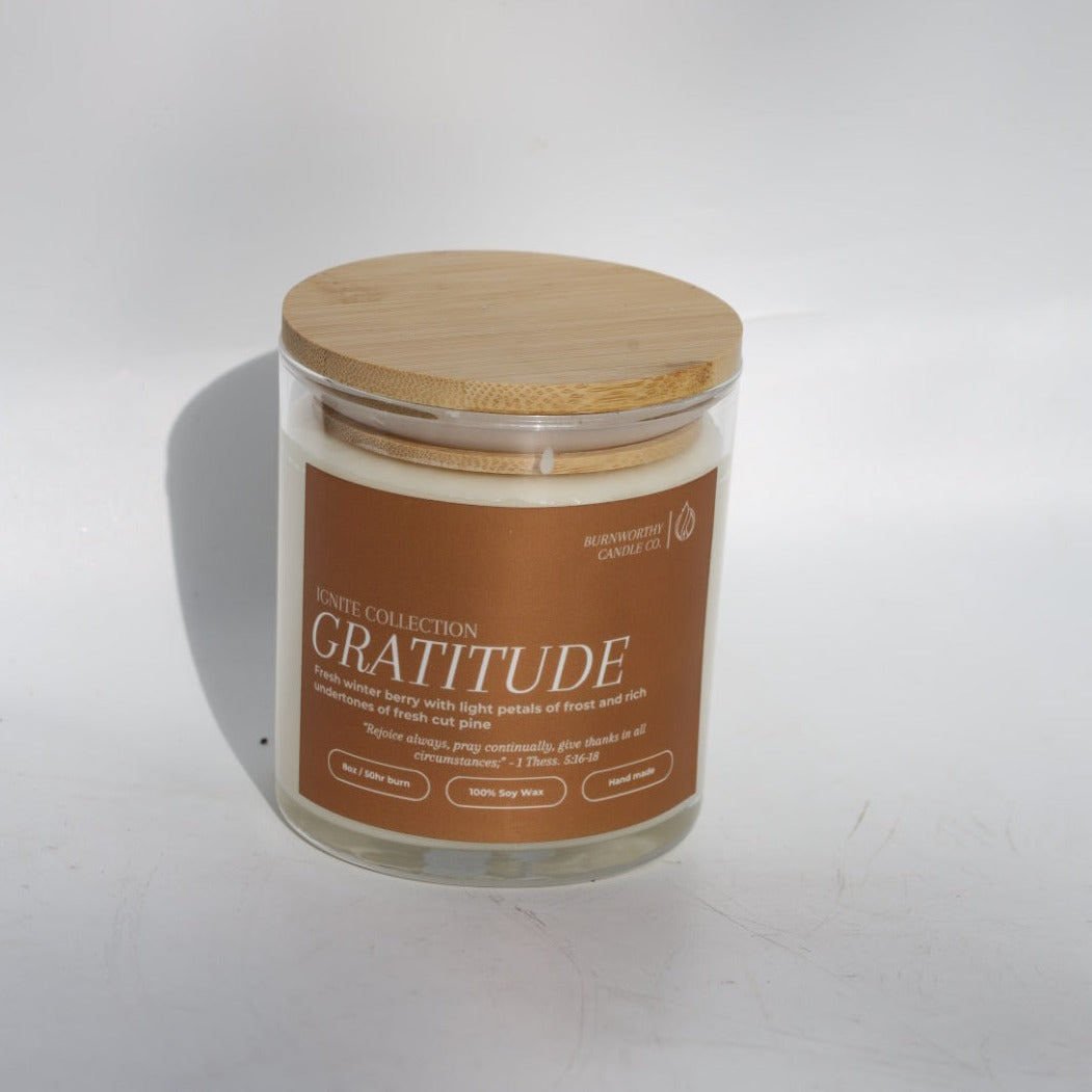 Gratitude | 1 Thess 5:16-18 | USA Made Soy Wax Candle - BURNWORTHY CANDLE CO.
