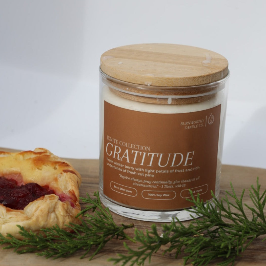 Gratitude | 1 Thess 5:16-18 | USA Made Soy Wax Candle - BURNWORTHY CANDLE CO.